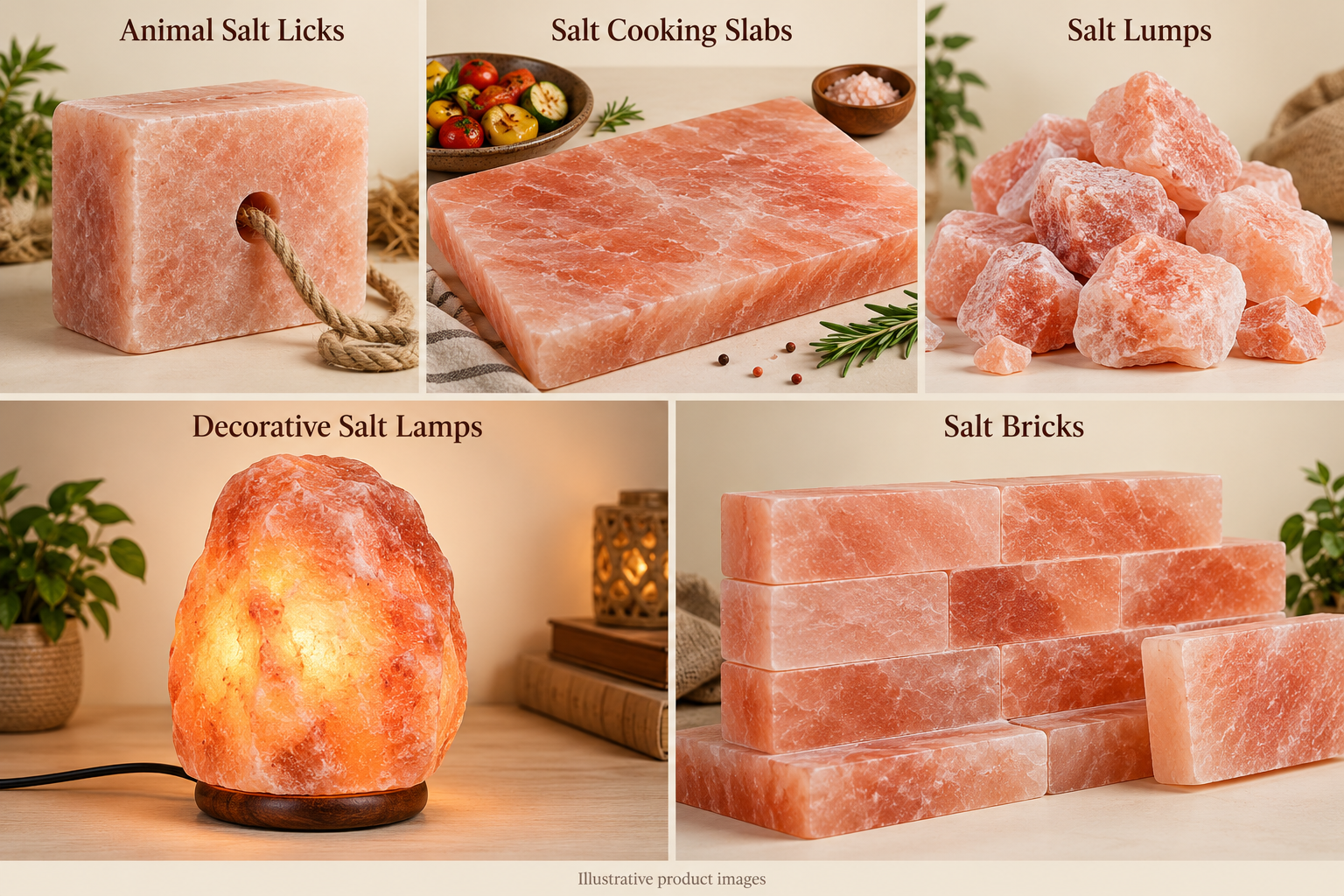 Illustrative animal salt lick, cooking slab, salt lumps, decorative lamp and salt bricks